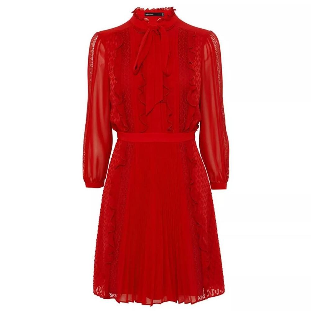 Karen Millen Red Long Sleeve Lace Panel Ruffle Mini Dress Size 6 - Picture 2 of 6